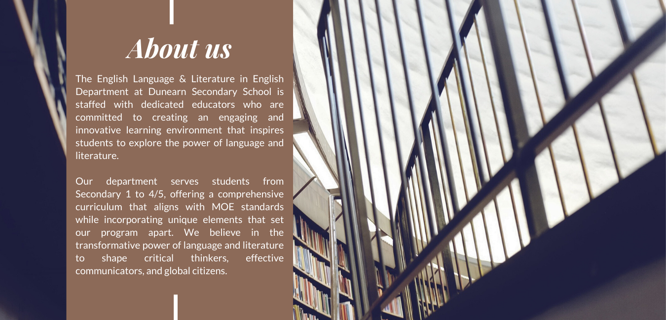 Brown panel with About us text beside a tall library with metal railings and shelves filled with books.