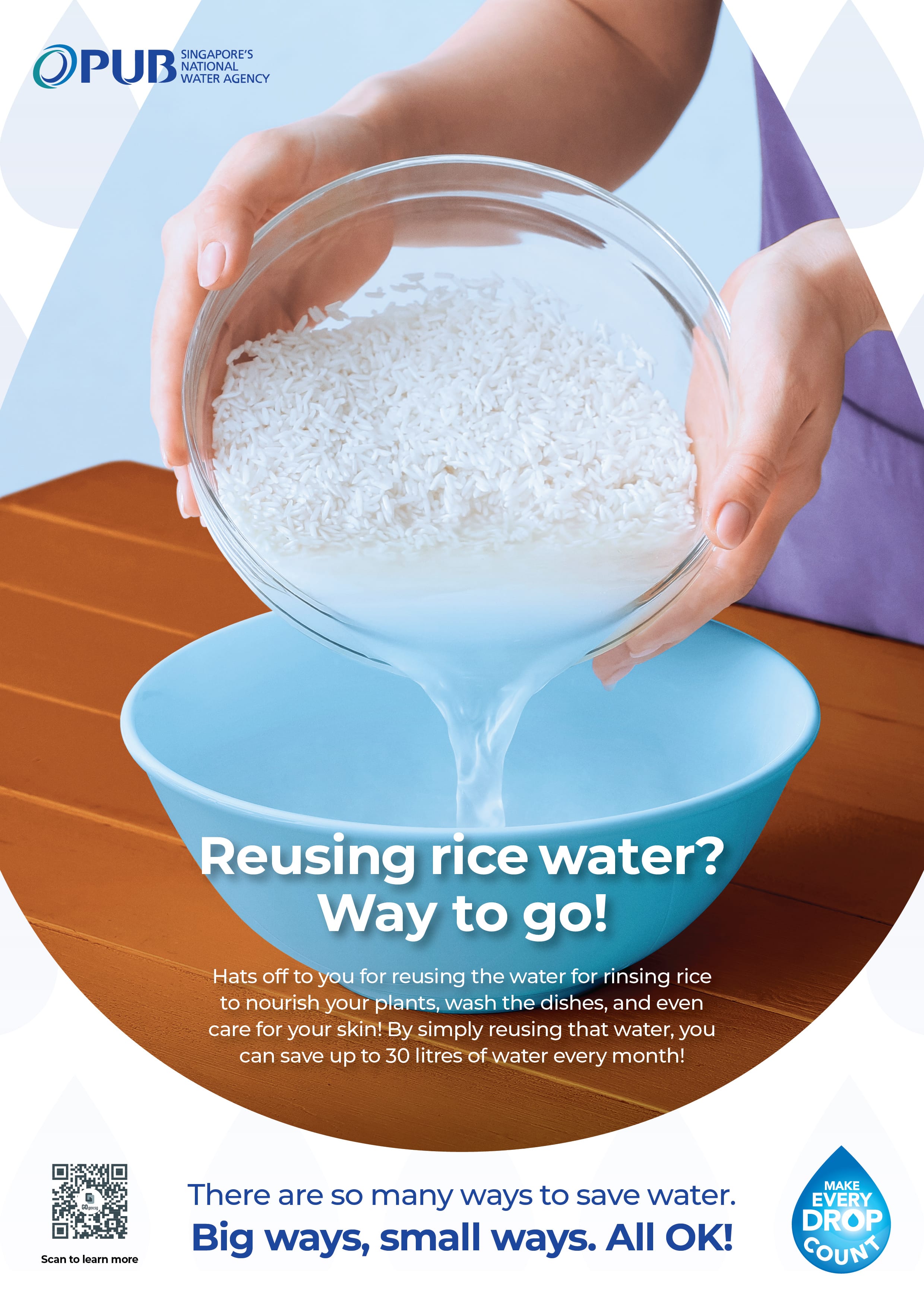 PUB water conservation poster showing hands draining rice water from a glass bowl into a blue bowl.