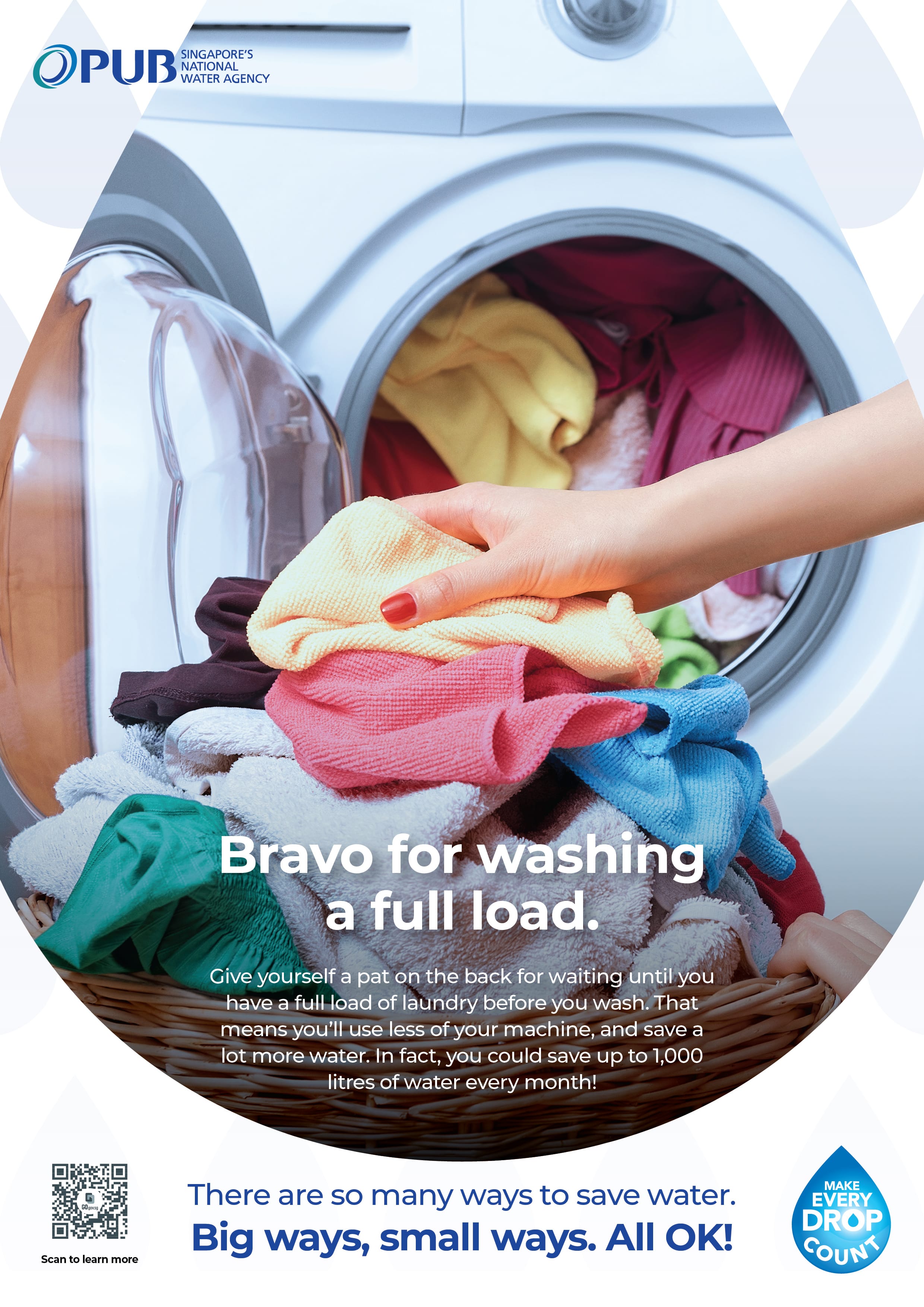 PUB Singapore water-saving poster showing a hand loading colorful laundry into a washing machine.