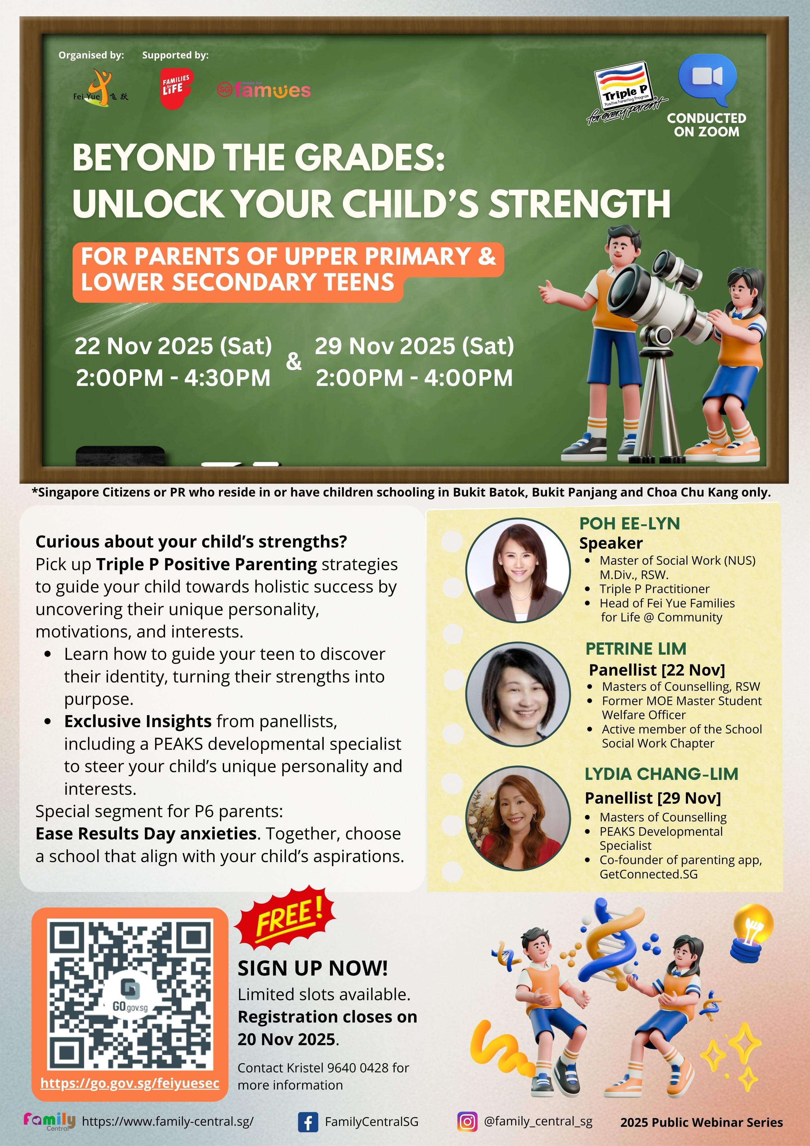 Flyer for a free Zoom webinar on unlocking children's strengths, scheduled for November 22 and 29, 2025.