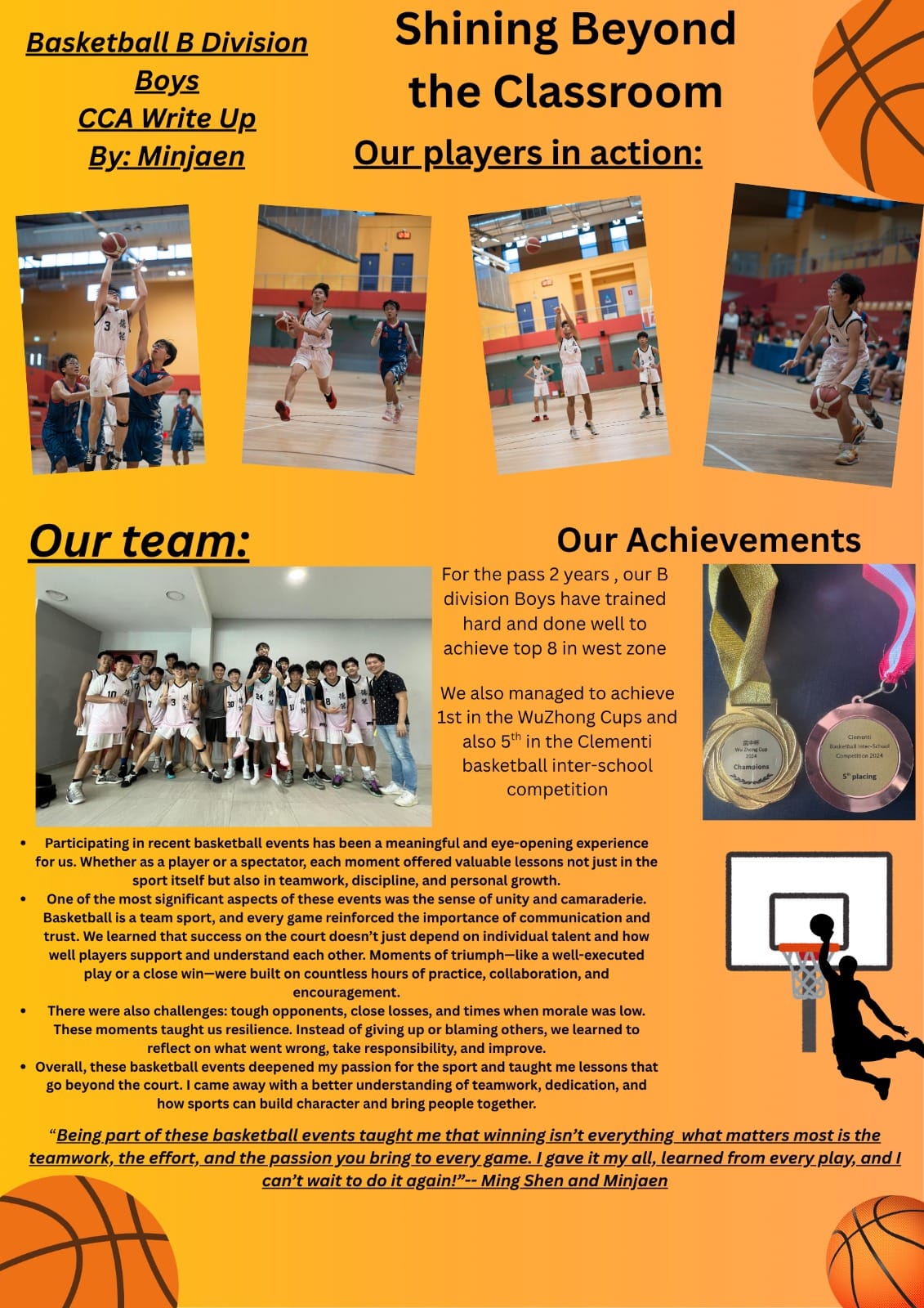 A school newsletter about a boys Basketball B Division CCA, featuring game photos, a team photo, medals, and reflective text.