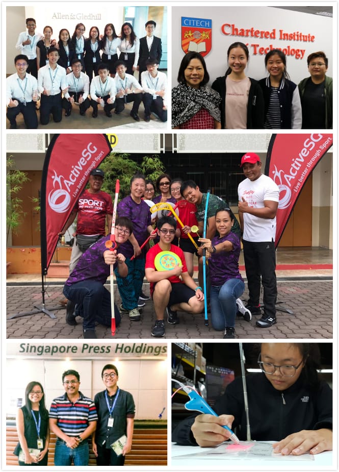 Five photos showing groups of people at Allen and Gledhill, CITECH, ActiveSG, and Singapore Press Holdings.