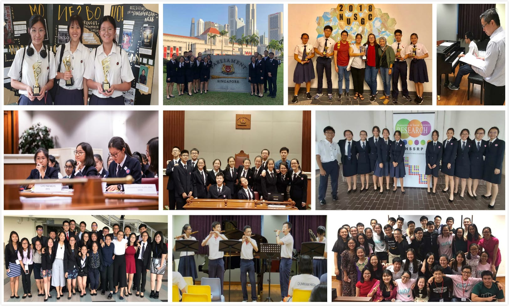 Collage of student group photos at academic and music events, including Parliament Singapore and a research banner.