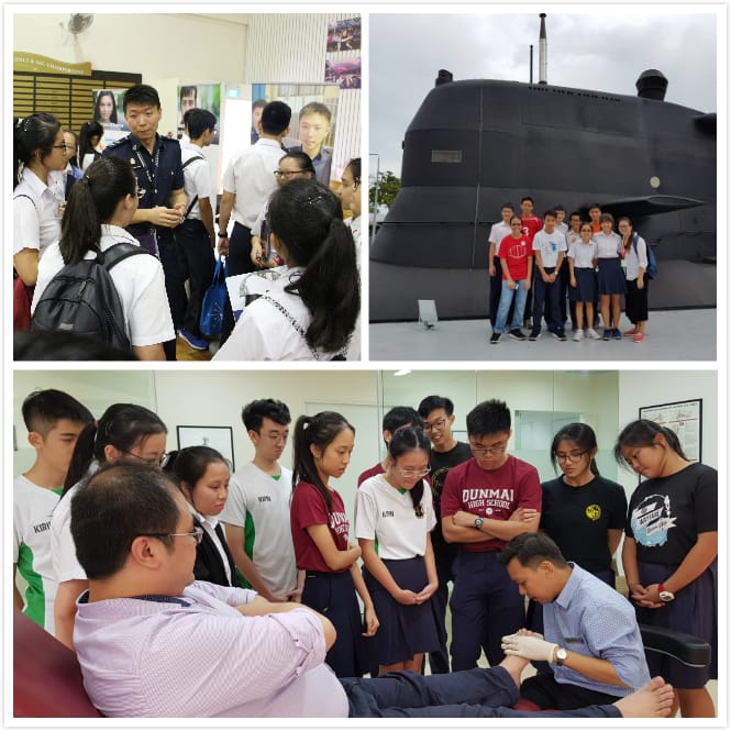 Three photos showing students on a field trip: indoors with an officer, posing before a submarine, and watching a medical demonstration.