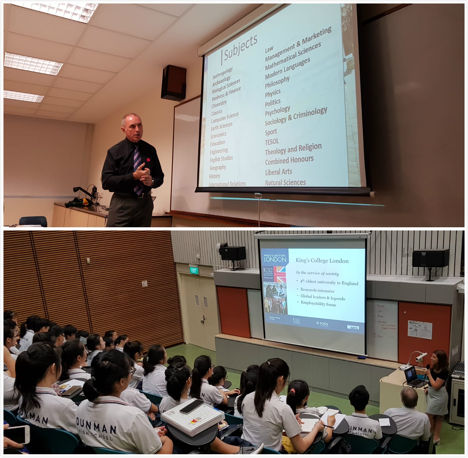 Two classroom scenes: a man presenting a subjects list, and Dunman High School students watching a King's College London slide.