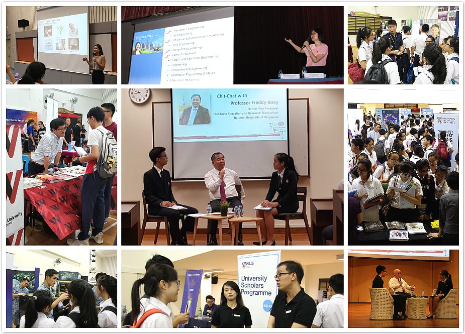 Collage of nine photos from a university fair with students, speakers, booths, and panel discussions.