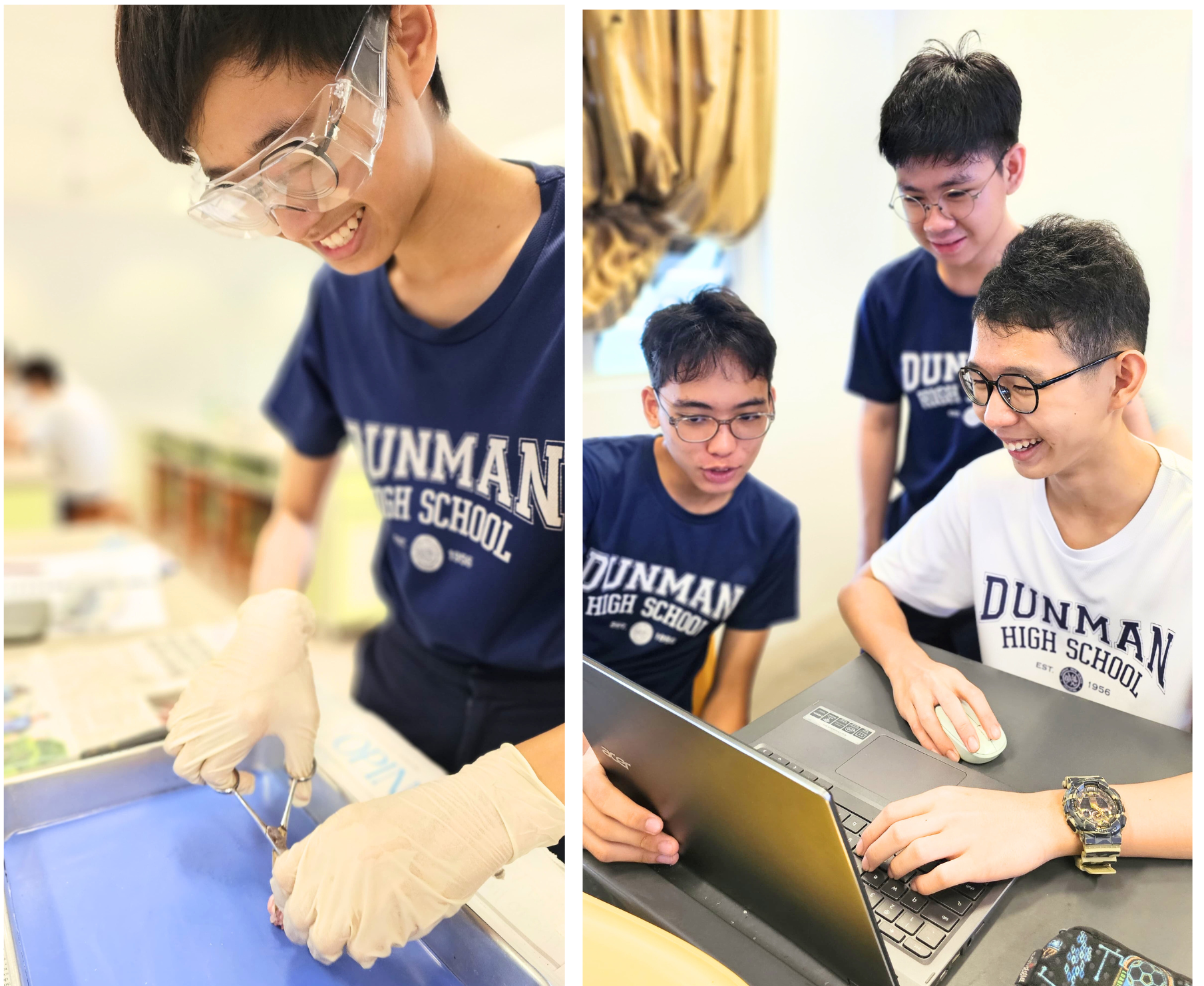 Three Dunman High School students, one doing lab work with goggles and gloves, two others collaborating on a laptop.