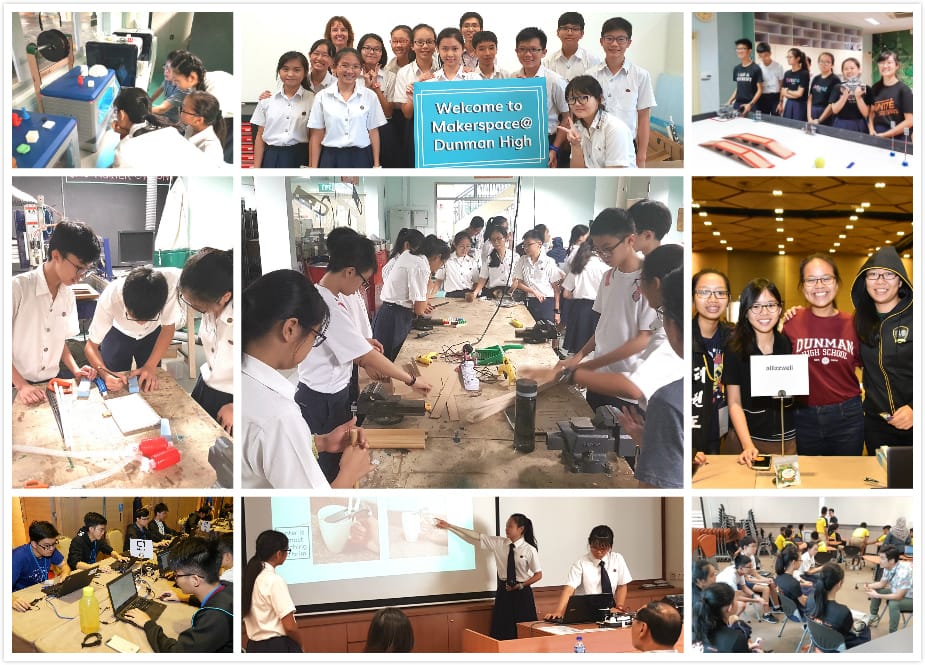 Collage of students at Makerspace at Dunman High School doing hands-on projects, presentations, and group activities.