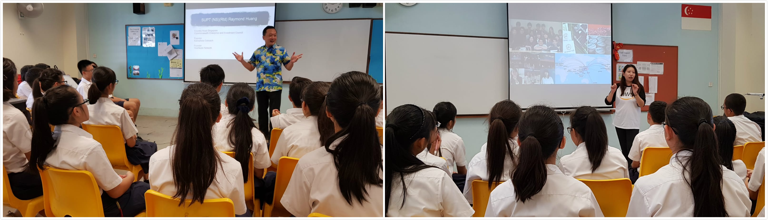Two speakers present to students in white uniforms seated on yellow chairs in front of projection screens.