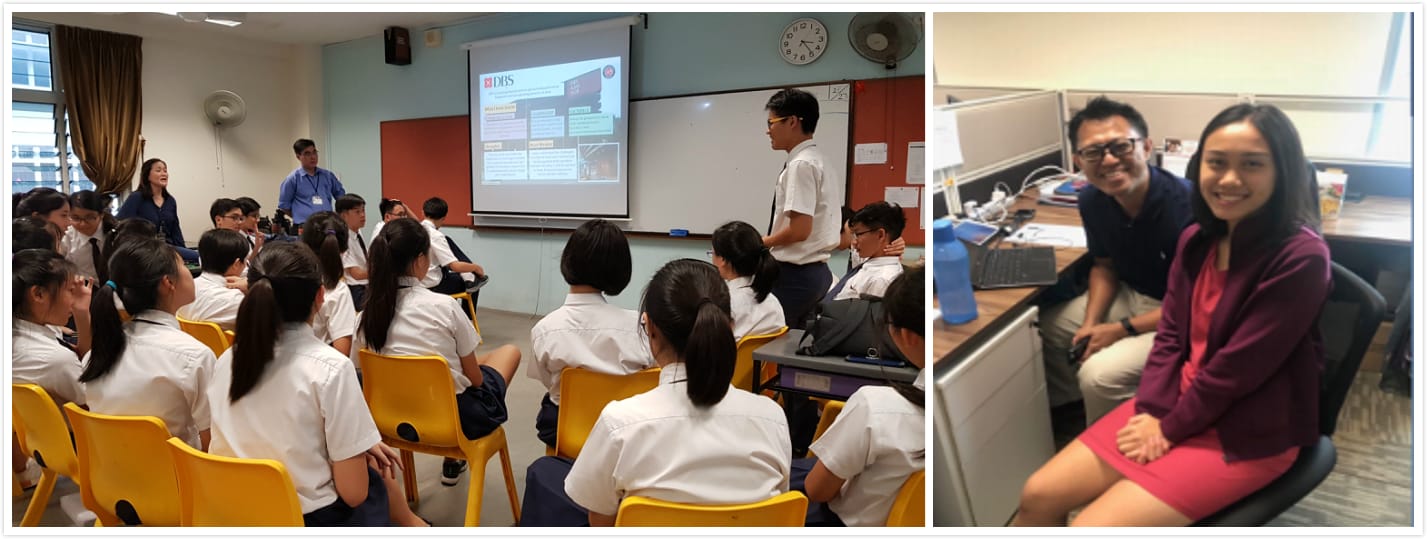 Students in white uniforms watch a DBS presentation; separately, two smiling adults pose at an office desk.