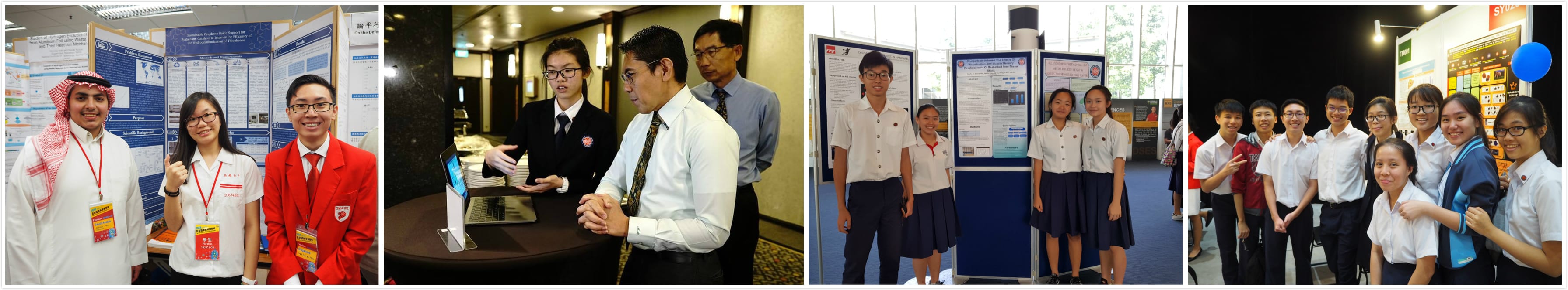Four panels showing students at science fairs, posing by research posters and presenting projects to adults.