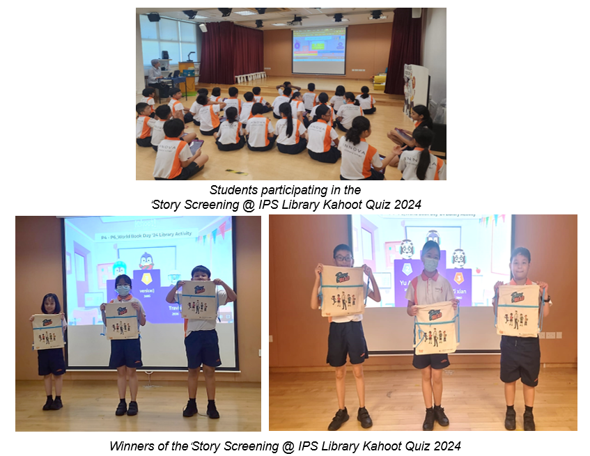 Students in orange uniforms watch a projected screen, while quiz winners hold up prize posters at IPS Library 2024.