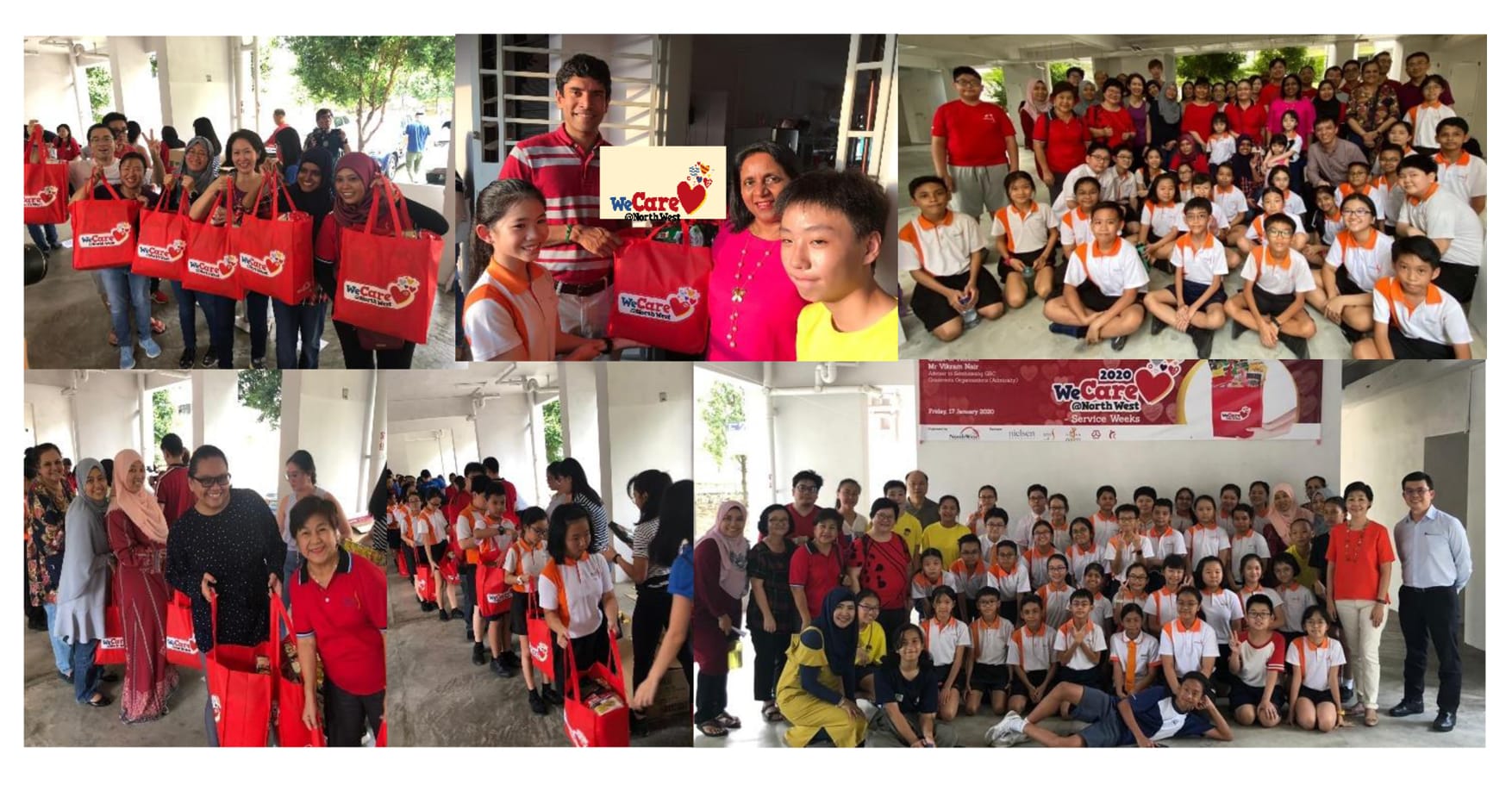 Collage of group photos from the 2020 WeCare at North West Service Weeks event with students and volunteers.