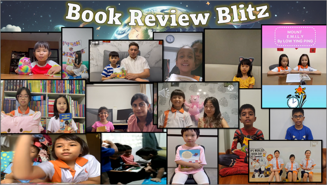 A collage of children and adults presenting book reviews under the bold title "Book Review Blitz."