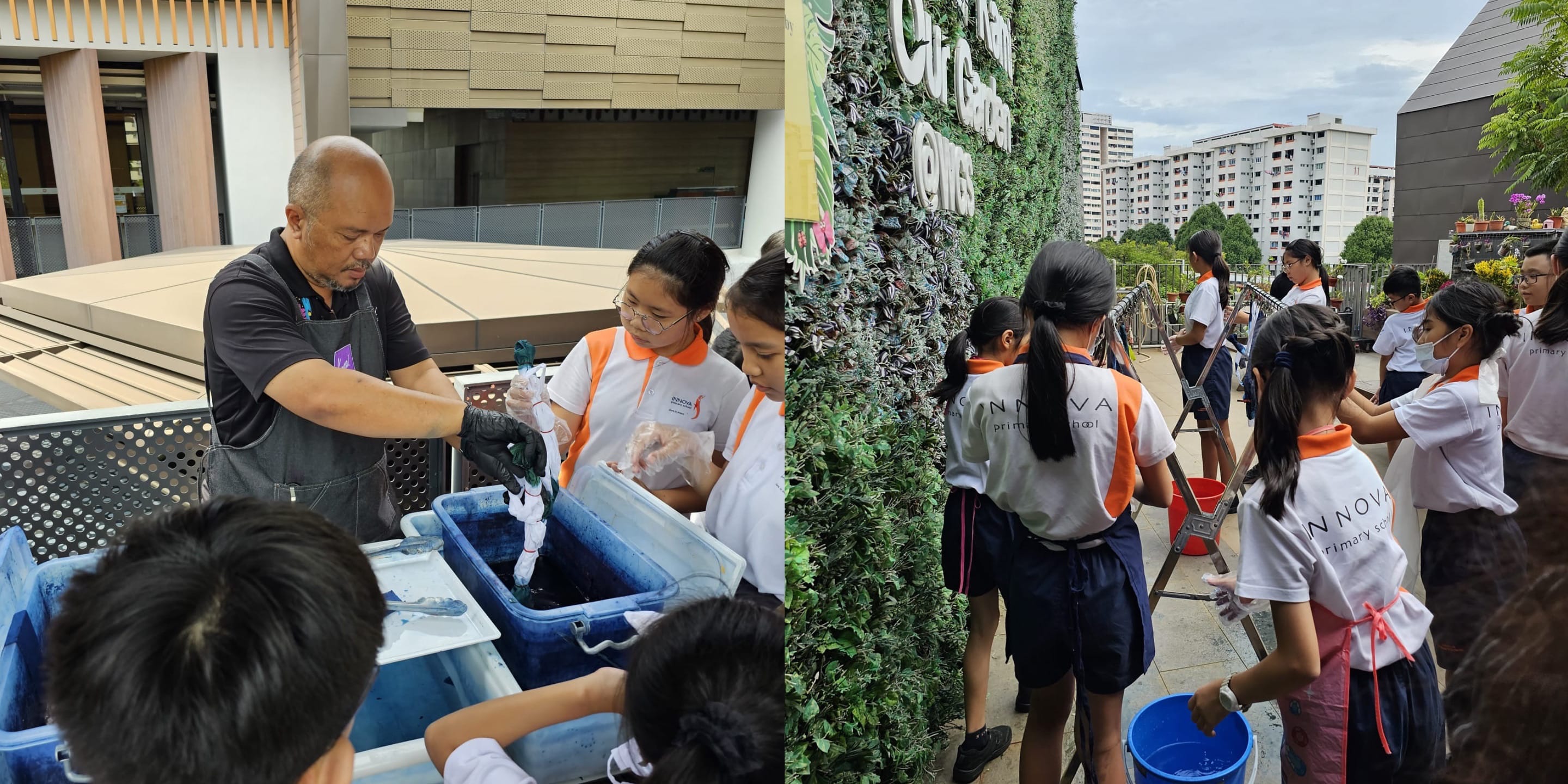 Students in Innova Primary School uniforms doing hands-on activities outdoors, one group dyeing fabric and another near a green wall.