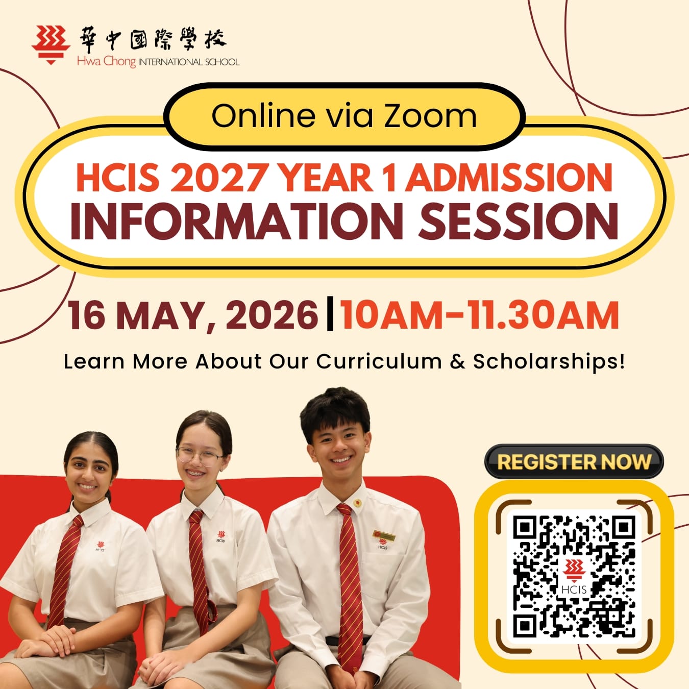 Hwa Chong International School online admission info session flyer for 16 May 2026, with three smiling students in uniform.