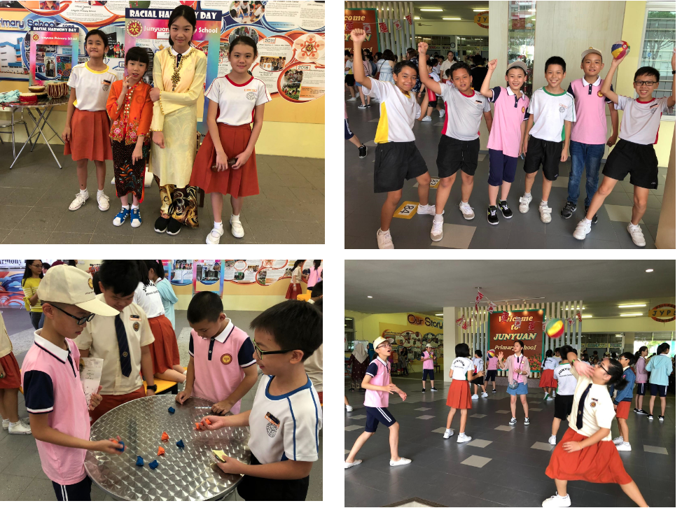 Four photos of primary school children at Junyuan school celebrating Racial Harmony Day with costumes and activities.
