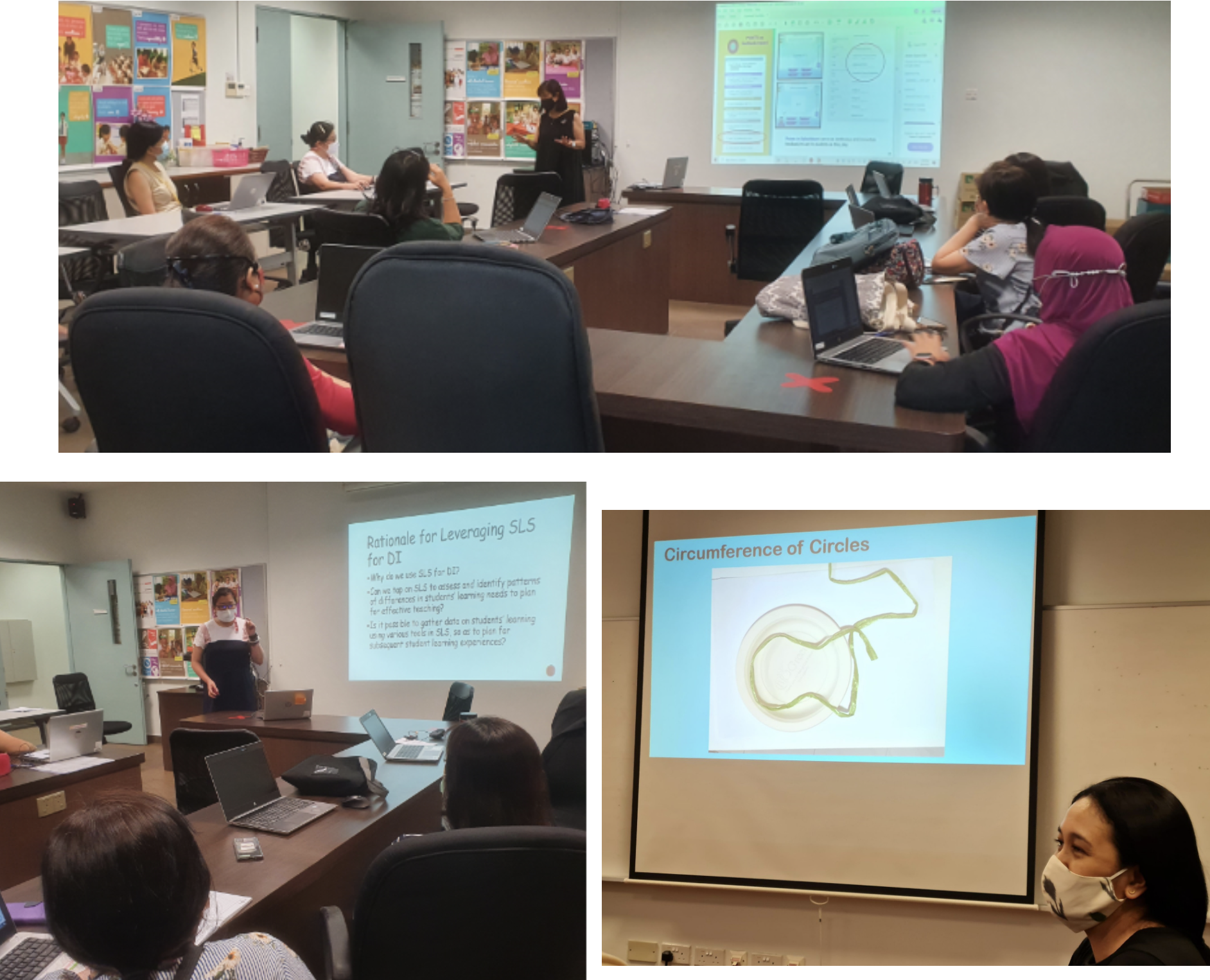 Three classroom scenes showing masked presenters at projected screens with participants seated at tables with laptops.