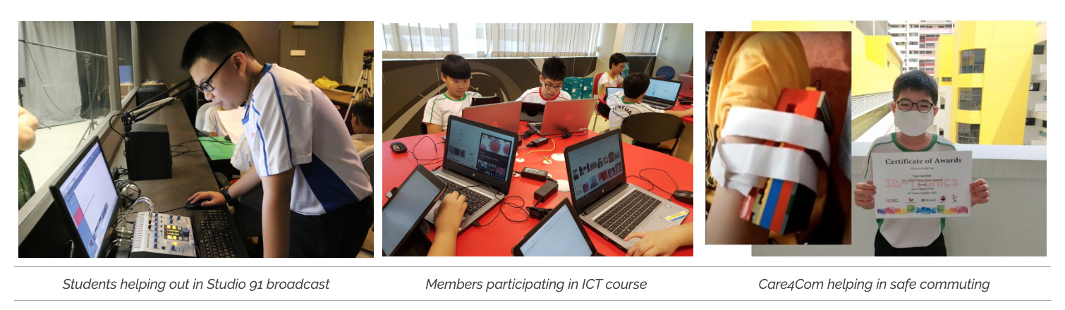 Three photos of students: operating broadcast equipment, using laptops in an ICT course, and holding a certificate.