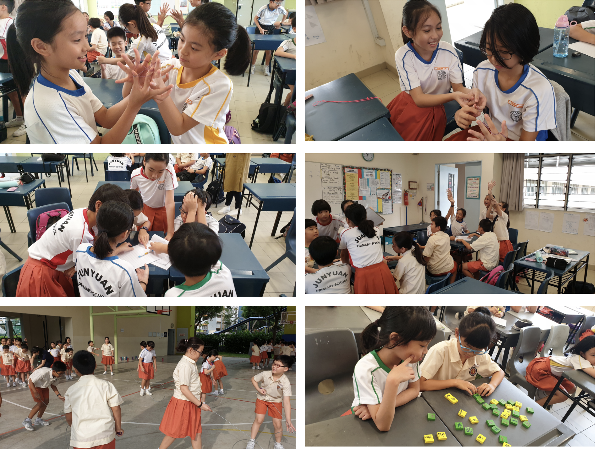 Collage of students in uniforms doing hand games, group work, raising hands, jump rope, and tiles at desks.