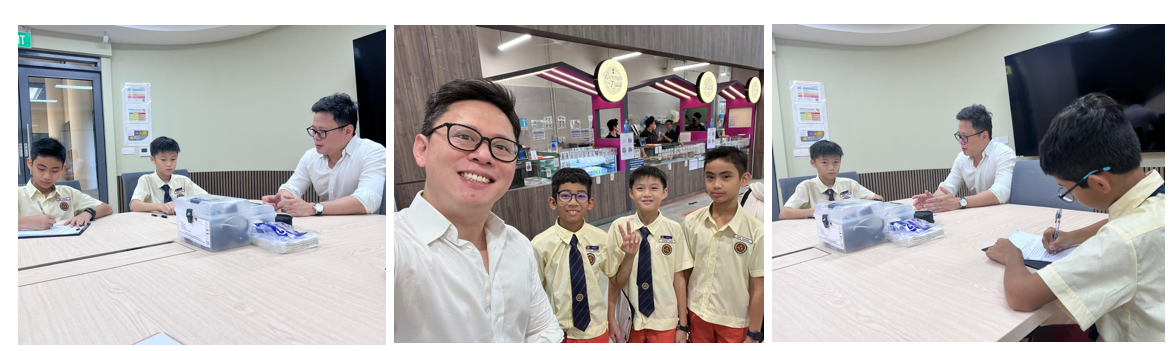 Three photos show an adult man with glasses and young boys in school uniforms at a table and taking a selfie.