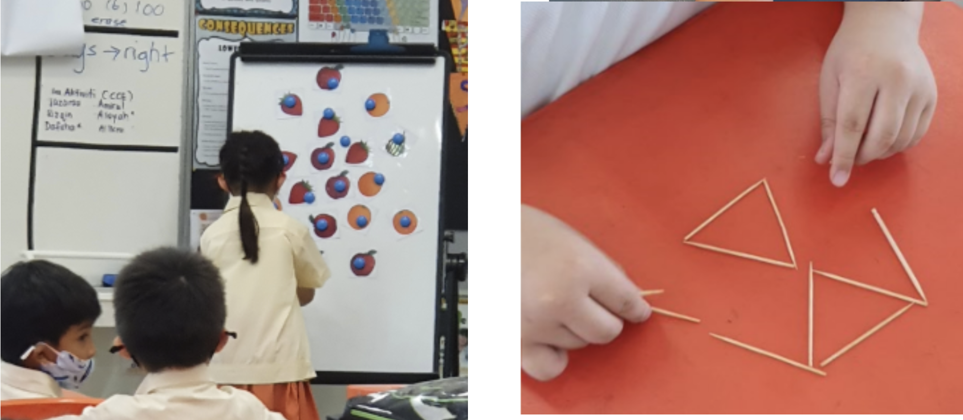 Children in a classroom with fruit magnets on a whiteboard, and hands arranging toothpicks into triangles on a red surface.