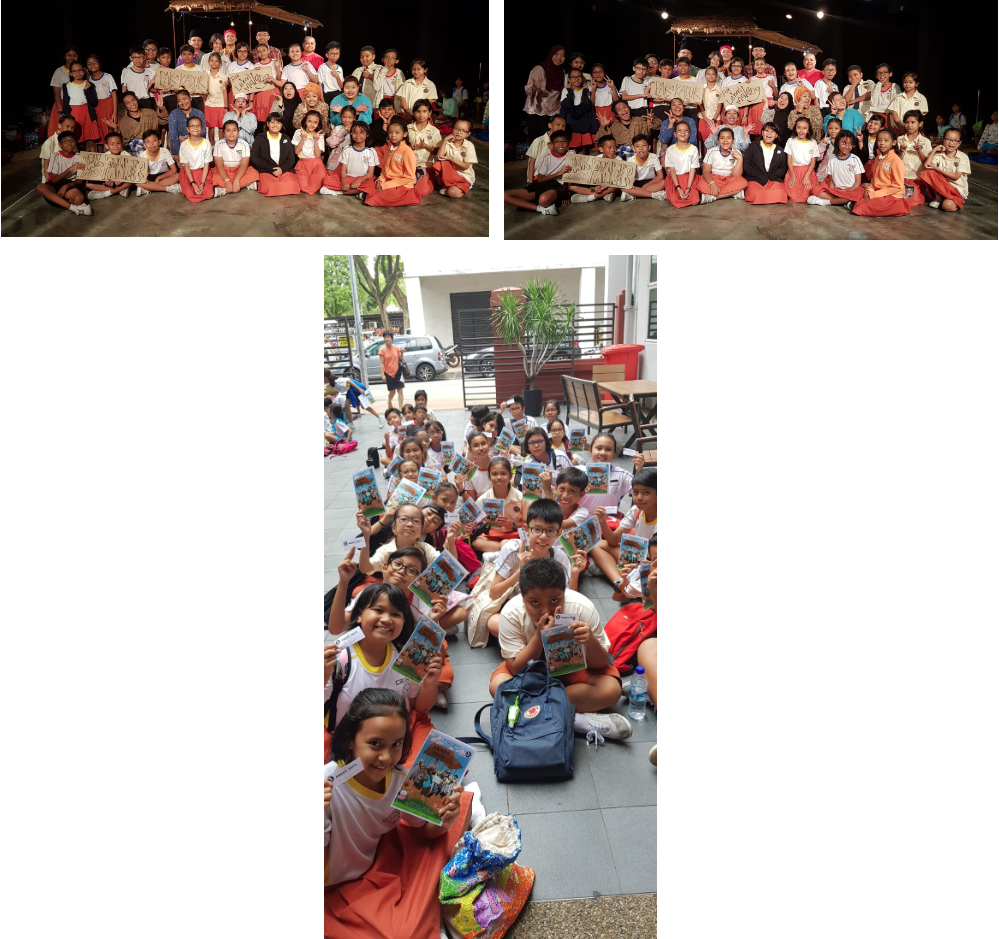 Three group photos of children, two indoors holding signs and one outdoors holding books, posing and smiling together.
