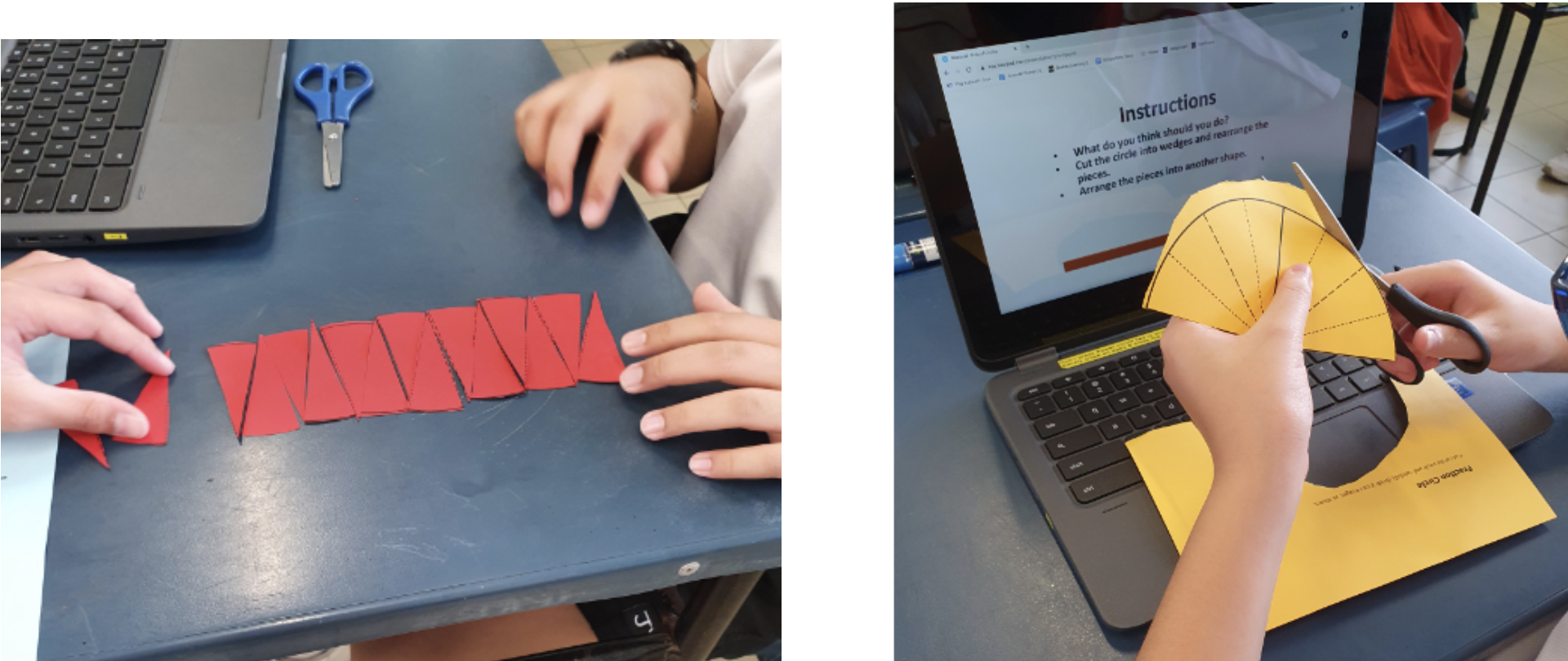Students cutting red and yellow paper circles into wedges and rearranging them, following on-screen instructions.