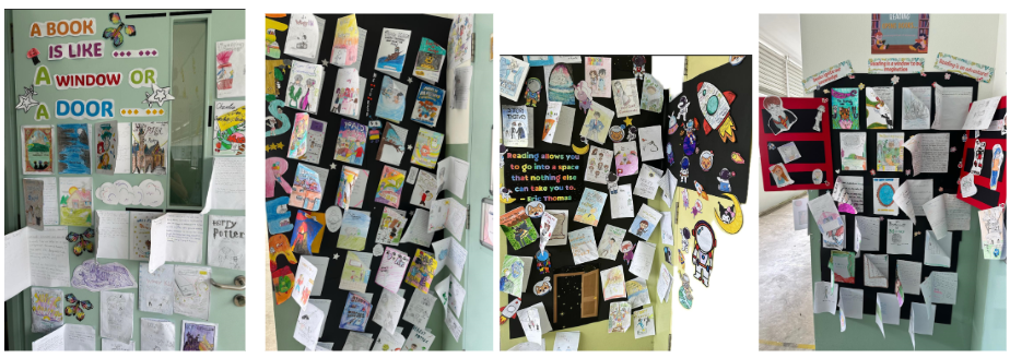 Four classroom reading displays with student artwork, book reviews, and colorful decorations on walls and boards.