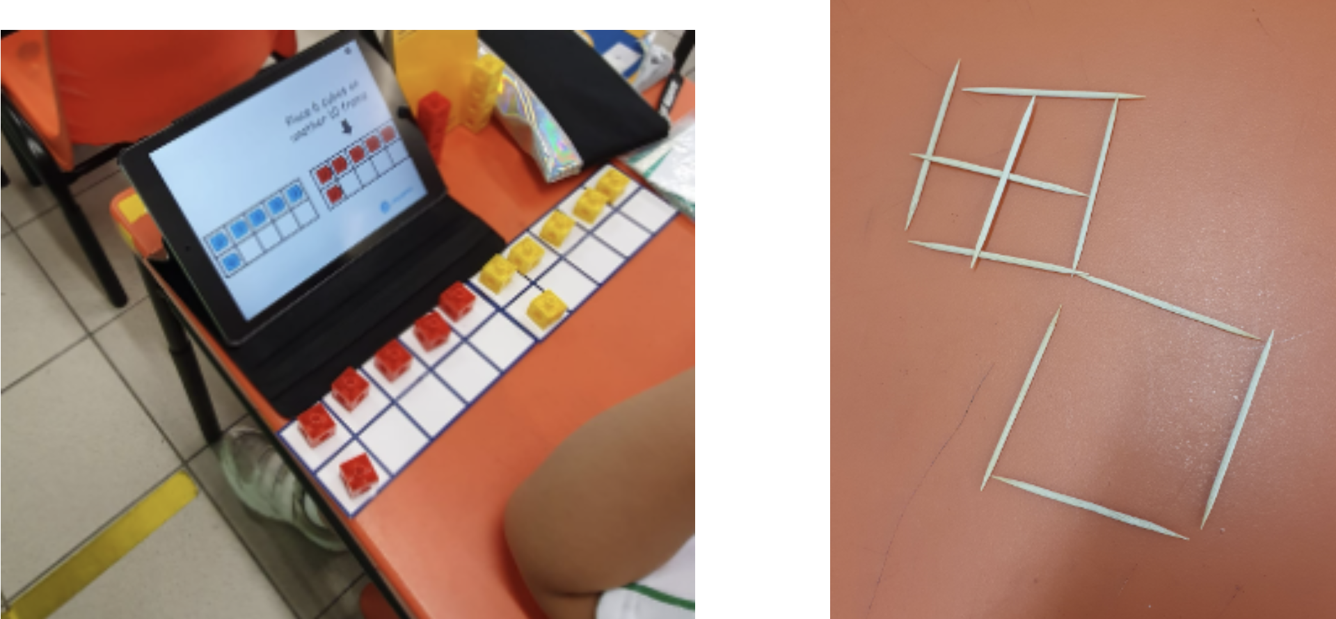 A tablet with a math activity beside red and yellow cubes on a grid, and toothpicks forming squares on an orange surface.