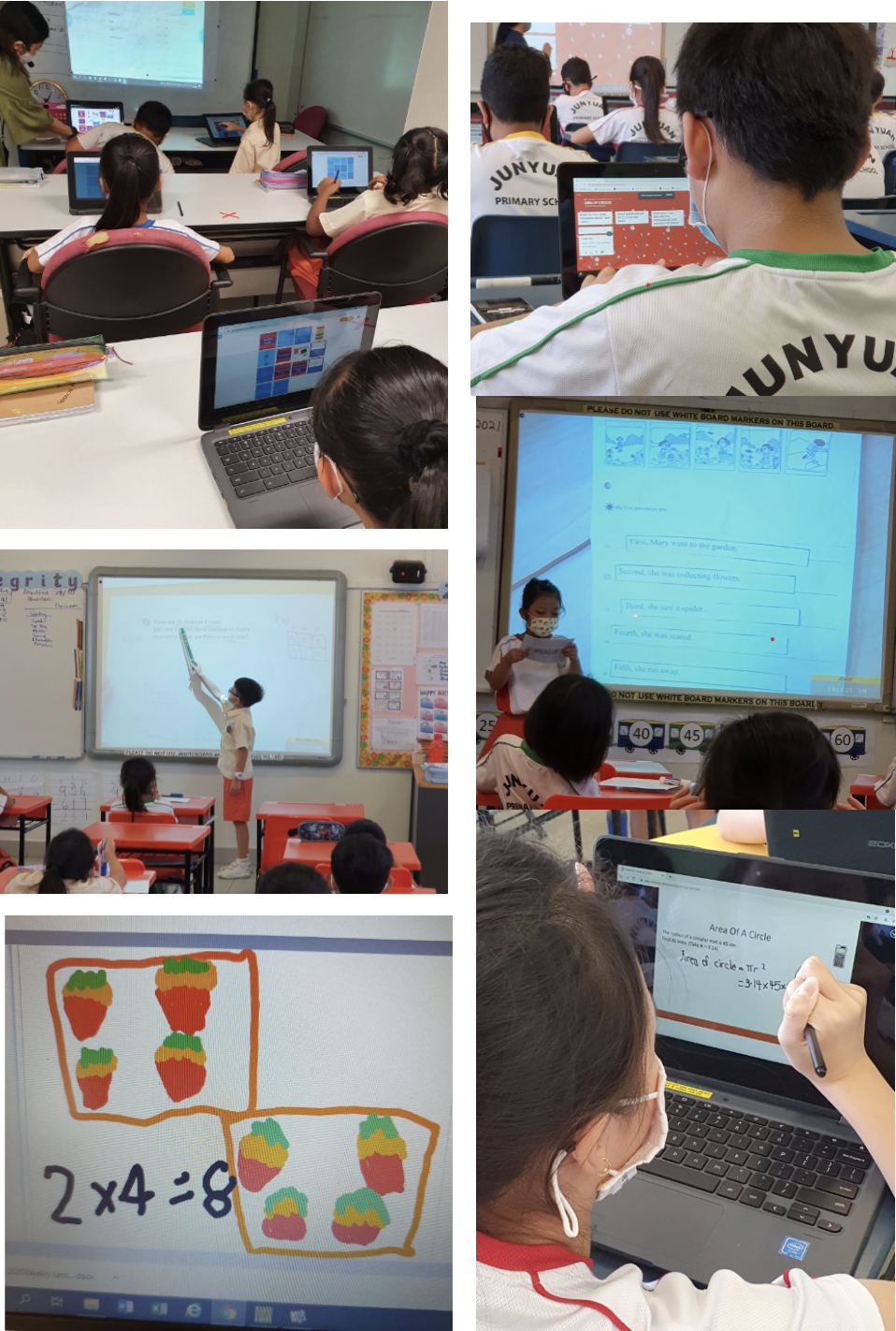 Students in a classroom using tablets and laptops, with interactive whiteboards showing math and literacy lessons.