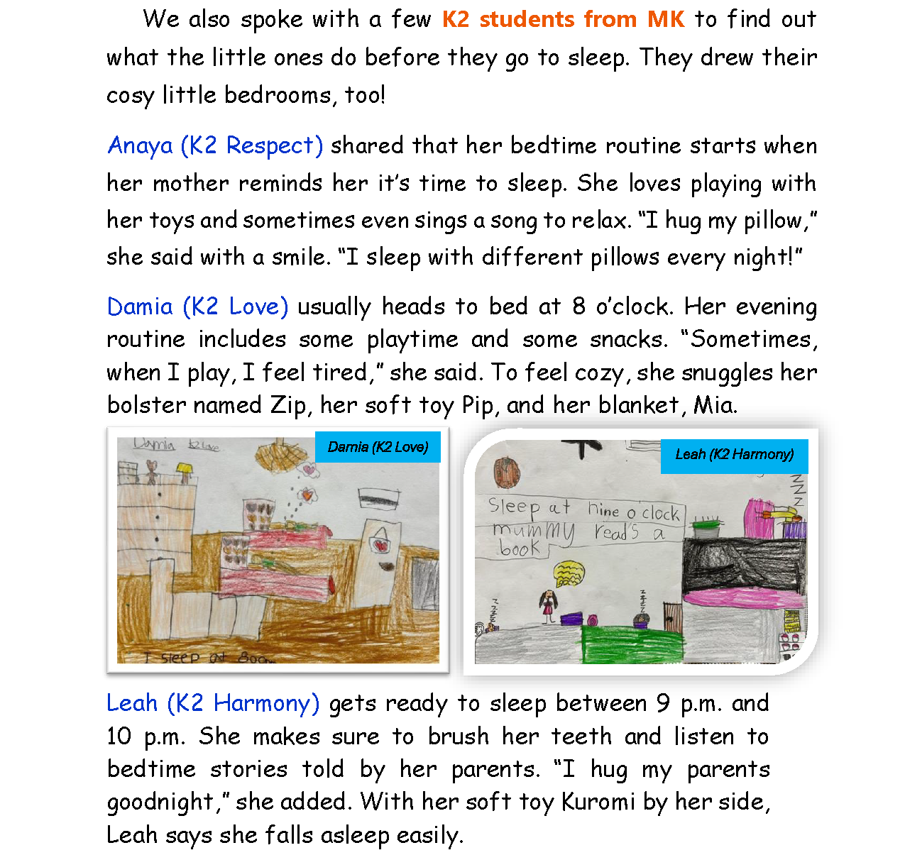 Two children's crayon drawings of bedrooms labeled Damia K2 Love and Leah K2 Harmony, beside text about bedtime routines.