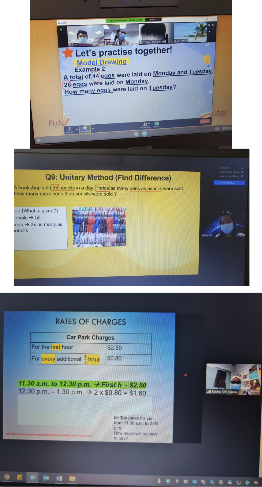 Three laptop screens showing online math lessons on Zoom covering model drawing, unitary method, and car park charges.