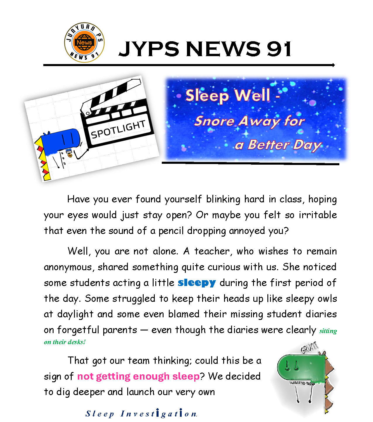 Newsletter titled JYPS News 91 about sleep, featuring a spotlight clapperboard drawing and blue starry banner reading Sleep Well.