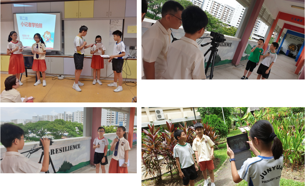 Primary school students practice journalism, filming interviews and presentations indoors and outdoors on school grounds.