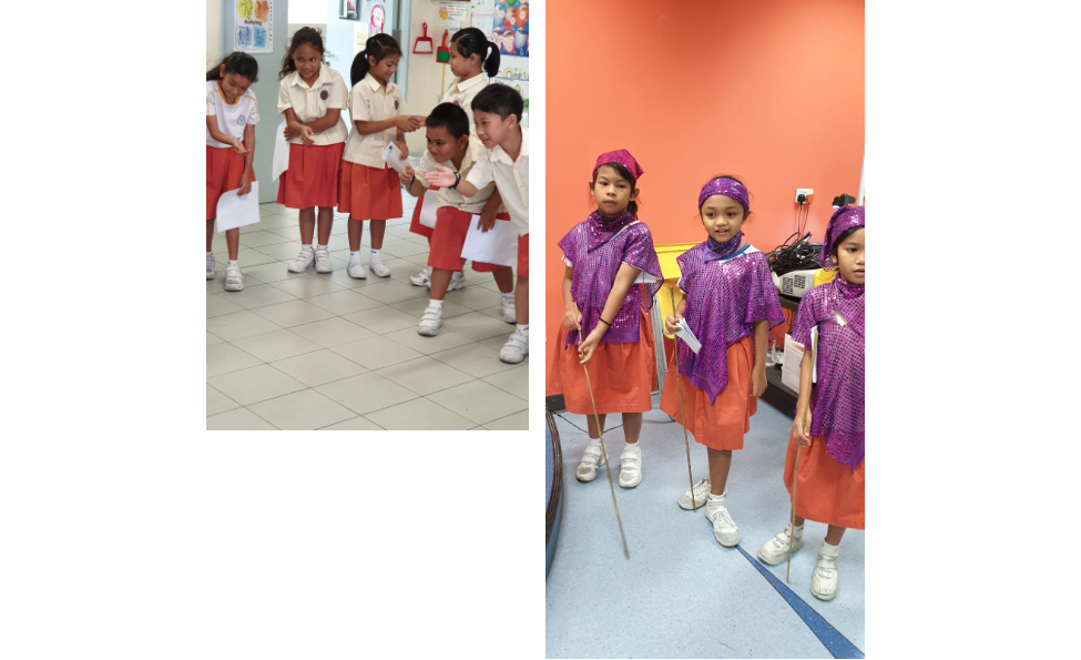 Two photos of young children in school uniforms and purple sequined costumes with sticks, likely preparing for a performance.