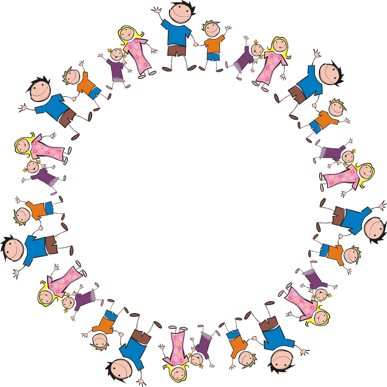 Cartoon stick-figure children in colorful clothes arranged in a circular border on a white background.