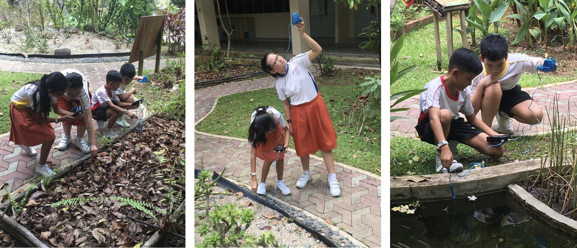Students in school uniforms use sensor devices outdoors to measure soil, air, and water in a garden.