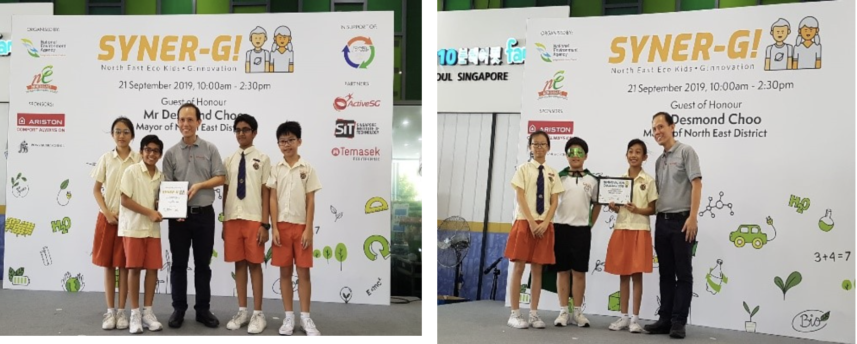 Two groups of students pose with an adult holding certificates at the Syner-G North East Eco Kids event on 21 September 2019.