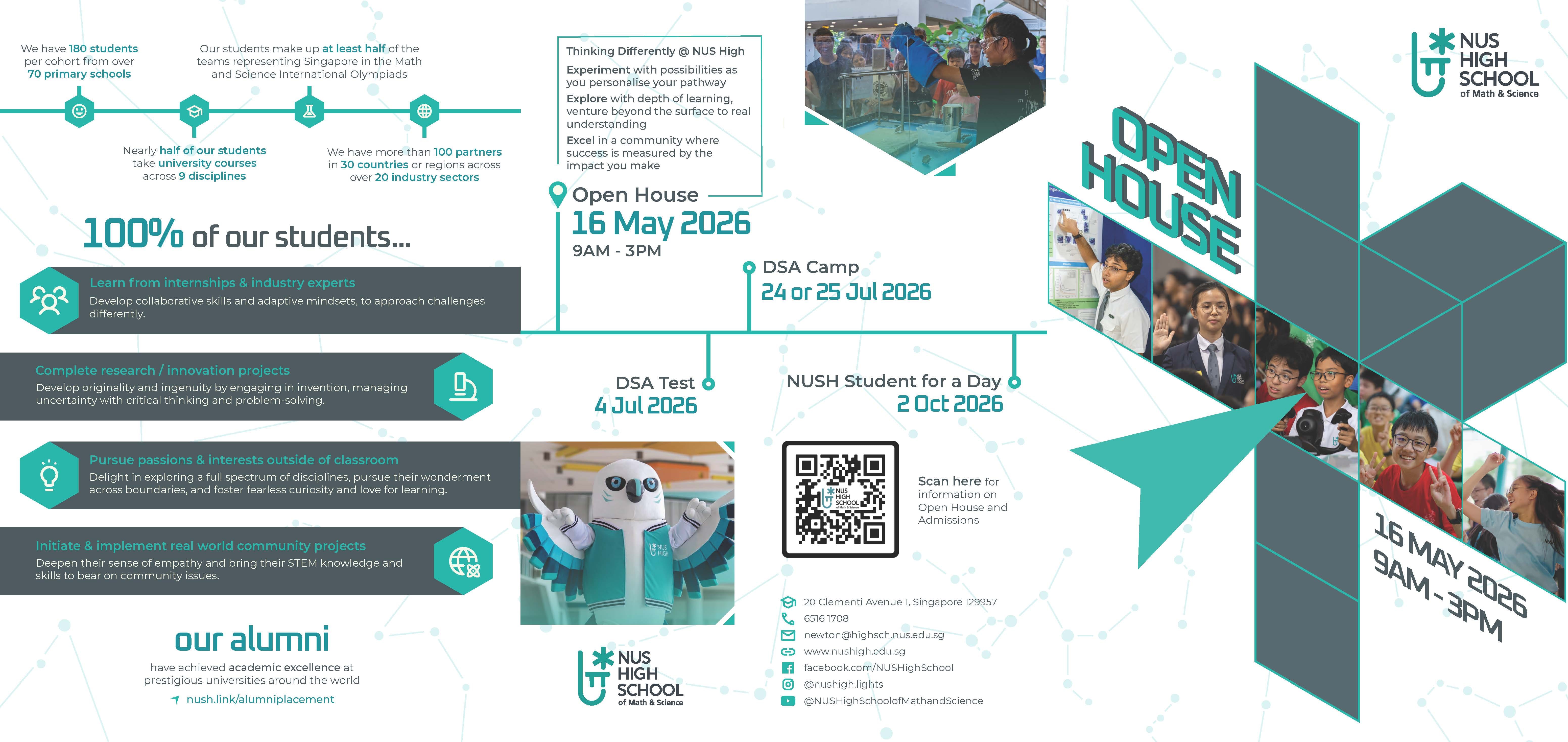 NUS High School of Math and Science Open House flyer for 16 May 2026, 9AM-3PM, with event dates and student facts.