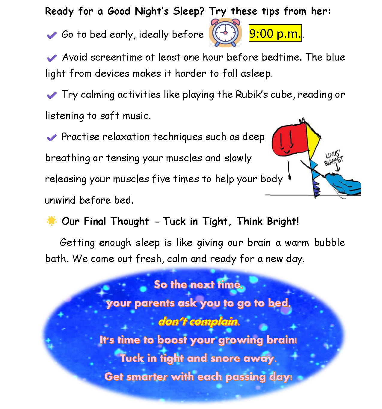 Sleep tips flyer with checklist, a cartoon holding a blanket, and a blue oval with colorful text encouraging good sleep habits.