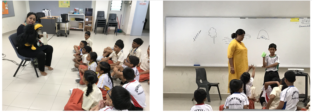 Teachers engage Primary 1 and 2 students with puppetry and interactive storytelling during Tamil Speech and Drama lessons