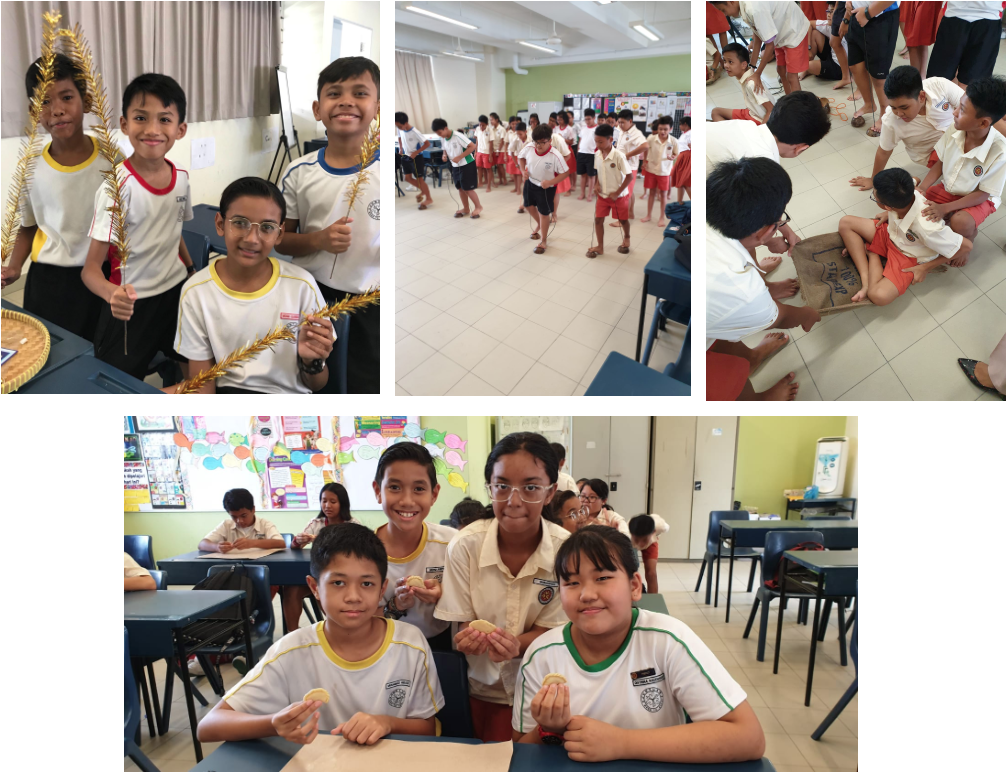 School children in uniforms doing classroom activities, holding decorative items and cookies in multiple scenes.