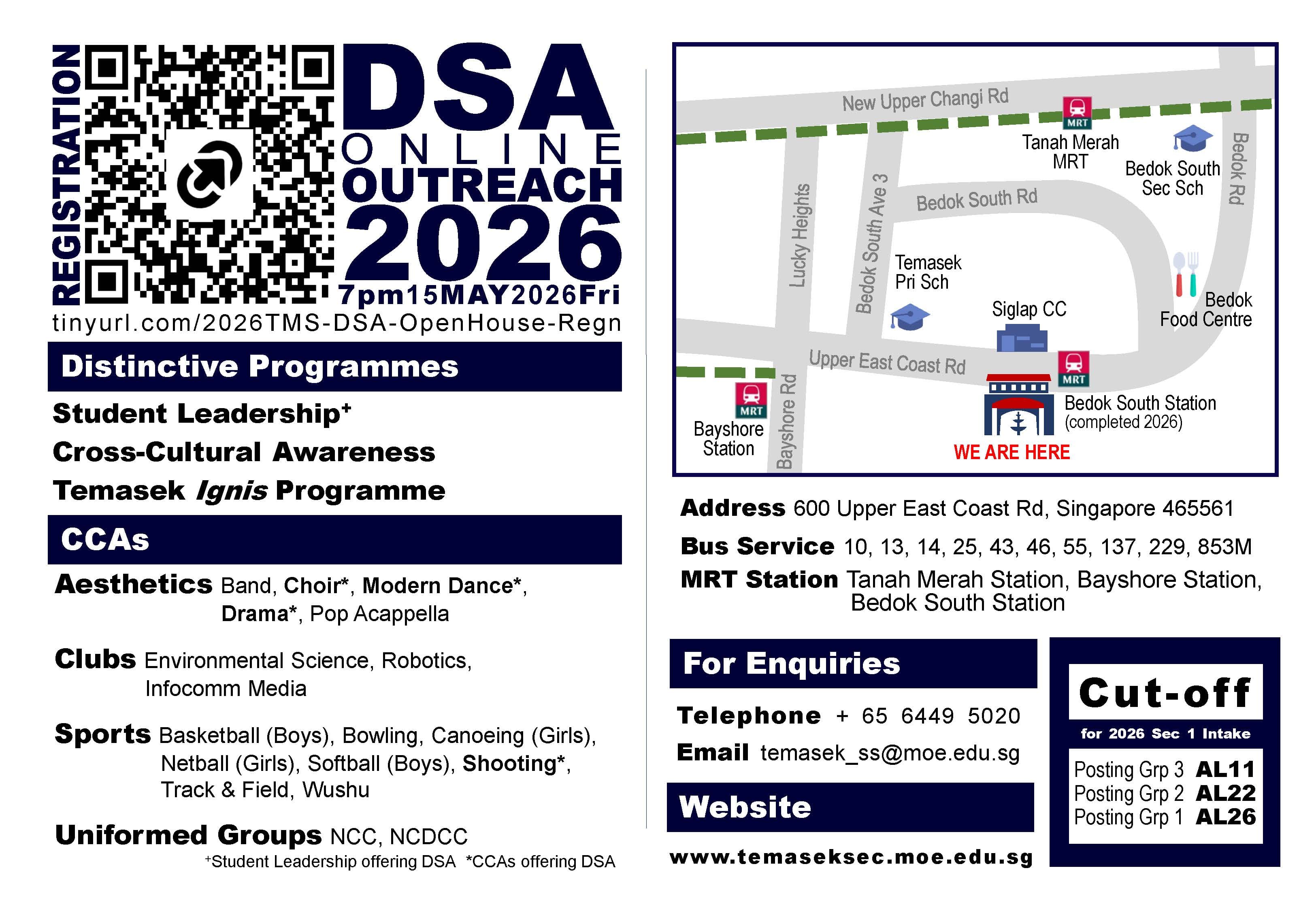 Flyer for Temasek Secondary School DSA Online Outreach 2026 event on 15 May, with map and contact details.