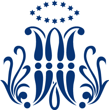 Dark blue ornate floral emblem with symmetrical scrollwork and a halo of small stars above it.