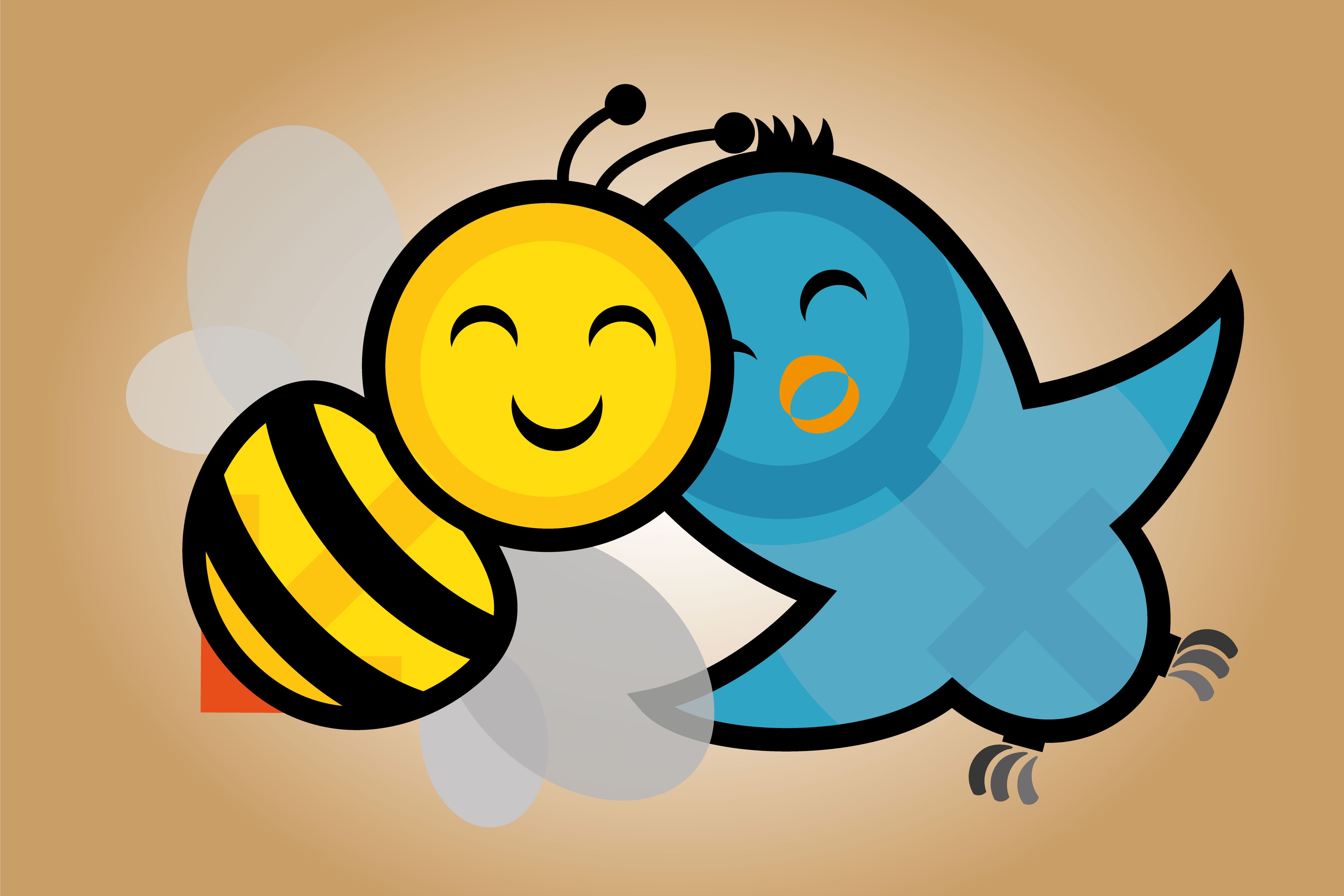A smiling cartoon yellow bee and a blue bird hugging each other.