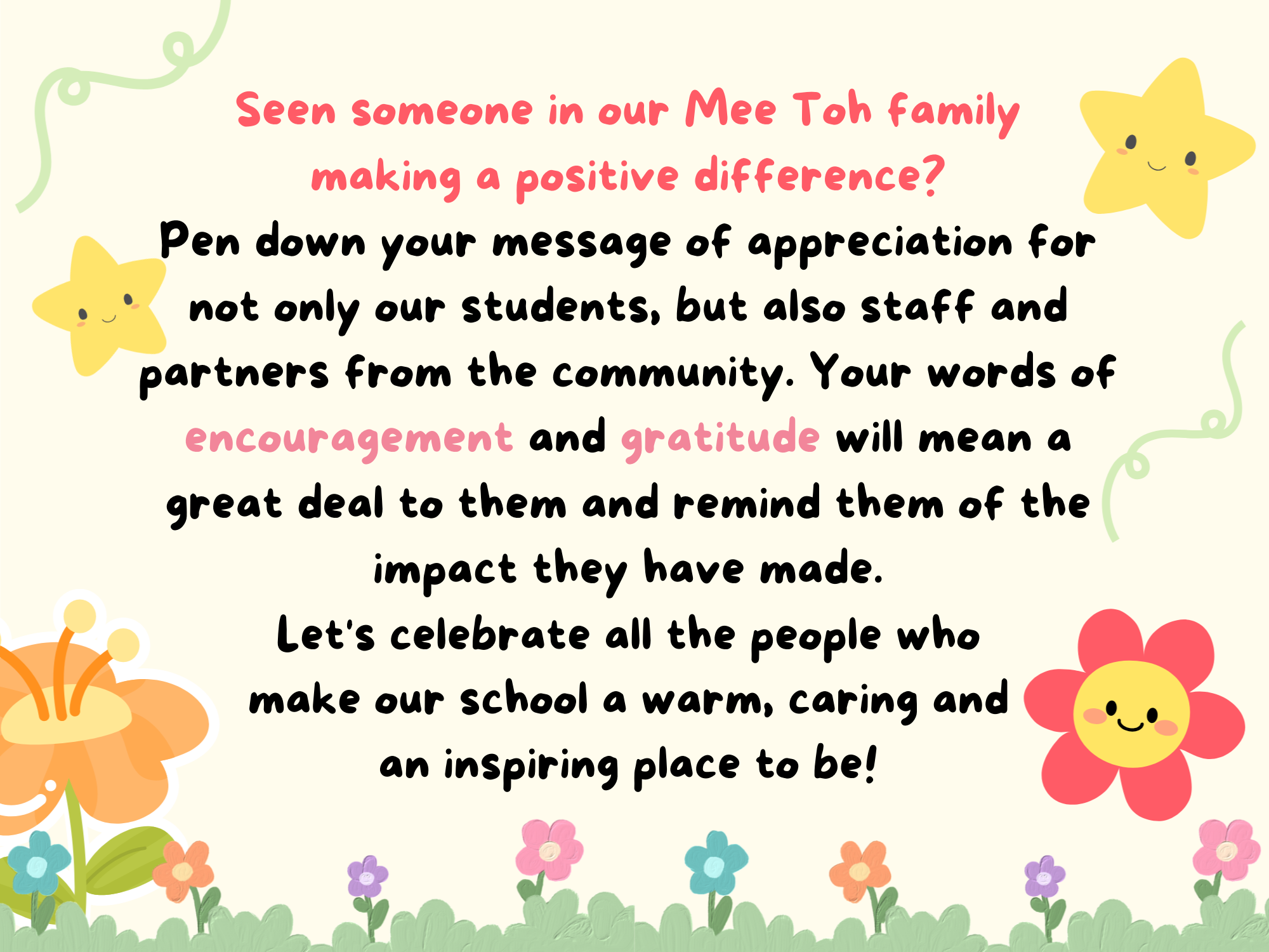 Cheerful flyer with cartoon flowers and stars asking the Mee Toh school community to share appreciation messages.