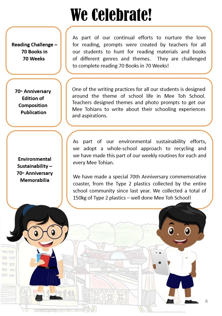 School newsletter titled "We Celebrate!" with three achievement sections and two cartoon student characters at the bottom.