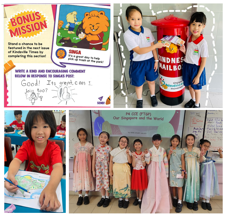 Four-panel collage of children in school activities including a kindness mailbox, traditional costumes, and a drawing task.