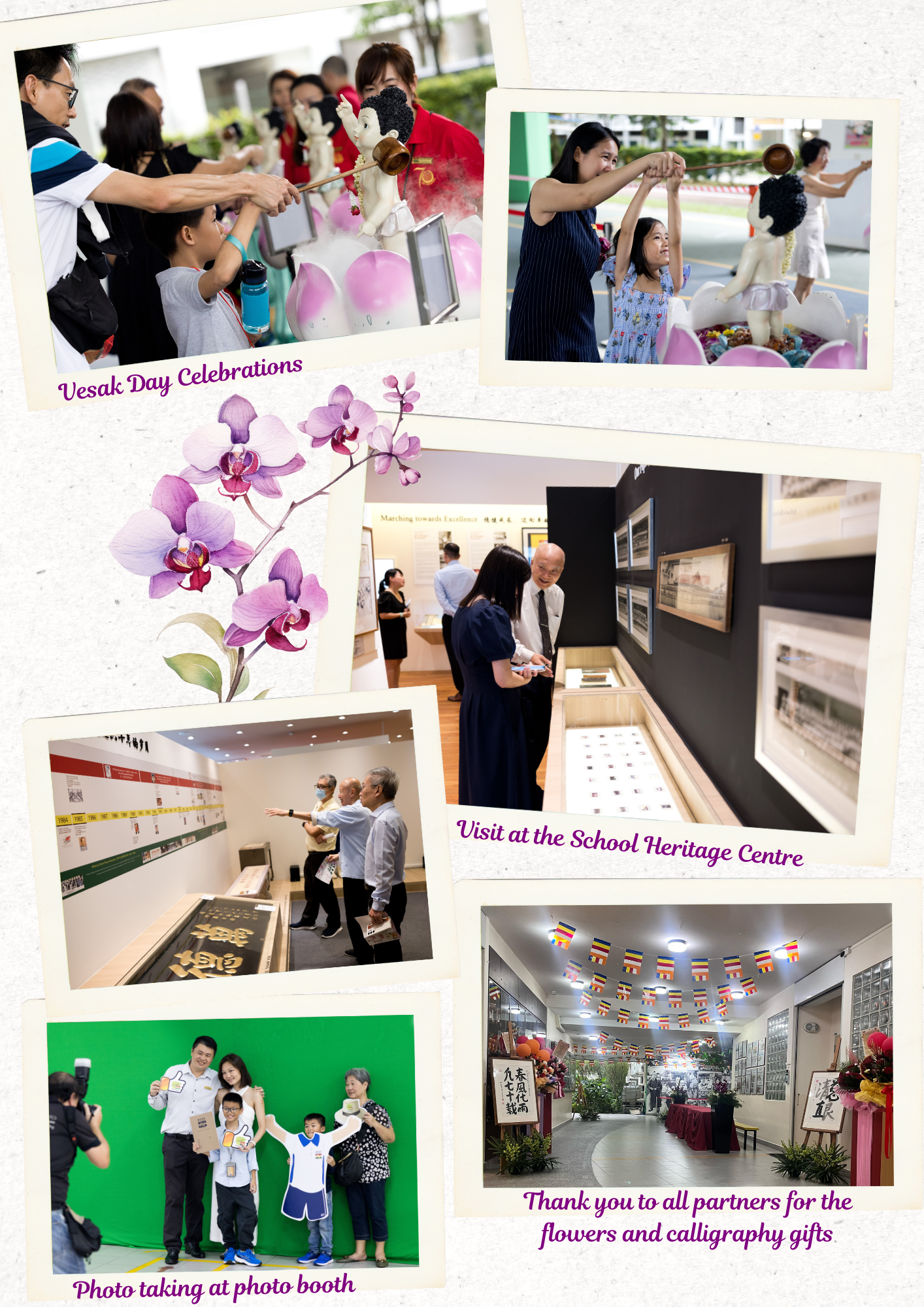 Collage of school events: Vesak celebration, heritage centre tour, photo booth, and hall with Buddhist flags.